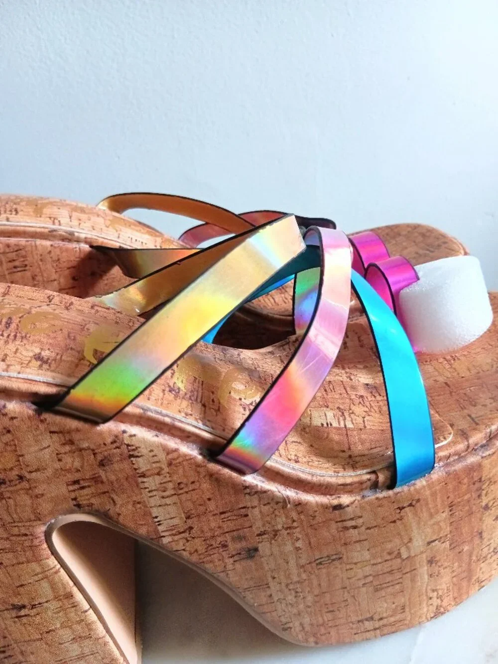 Cape Robbin Elci Metallic Rainbow Strappy Cork Platform Mule Heels
